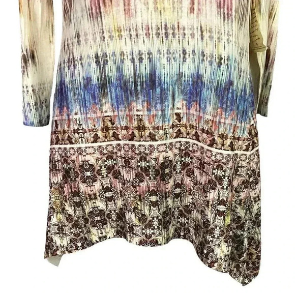 One World Women XL Studded Sharkbite Geometric Top Blue Multicolor 3/4 Sleeves - Picture 3 of 11